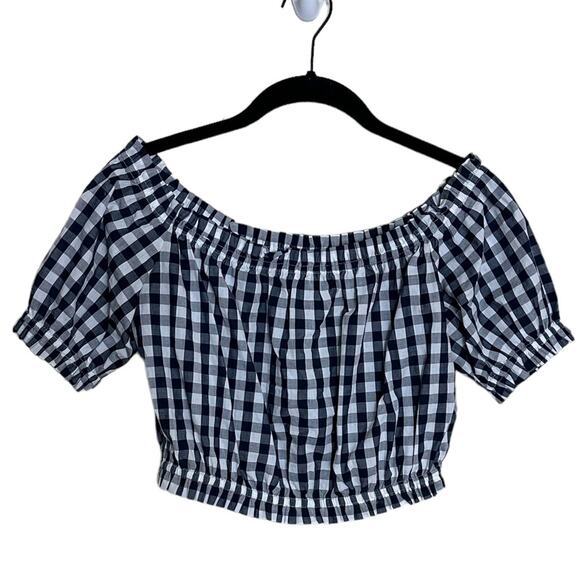 L'Academie Crop Top Small Cotton Checkered Gingham Off Shoulder Short Sleeve - Picture 2 of 7